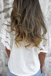 Hollow Out Embroidered Short Sleeve Round Neck Top OutfitFlow
